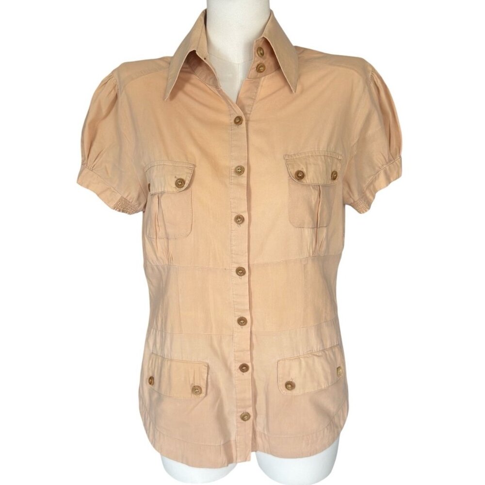 Azwell Tan Collared Short Sleeve Lightweight Button Up Shirt Pockets Women Sz M